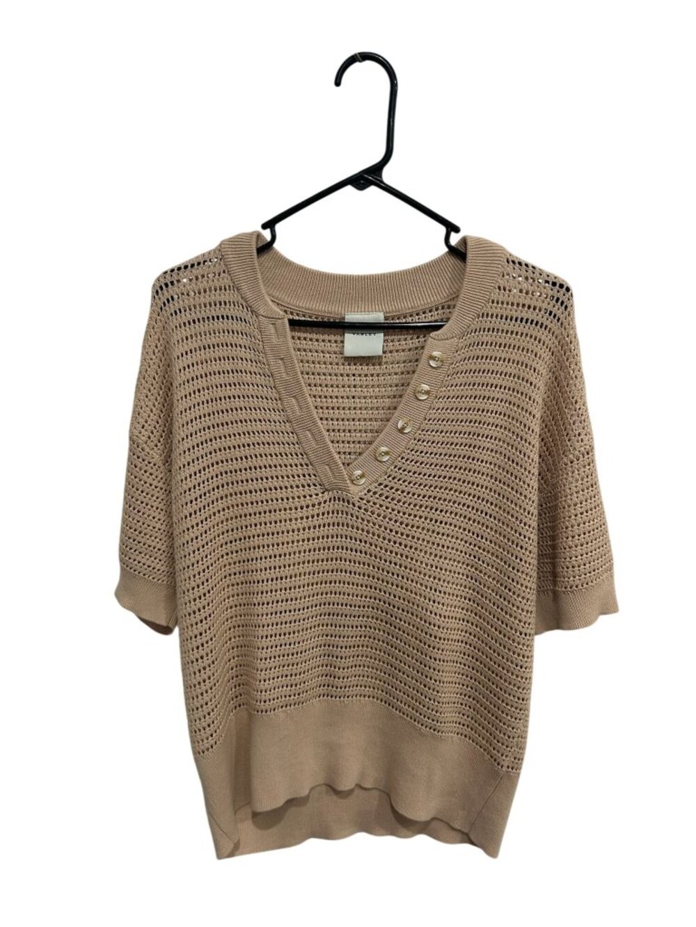 Varley Large Beige Knit Short Sleeve V-Neck Pullover Sweater Cozycore Minimalist